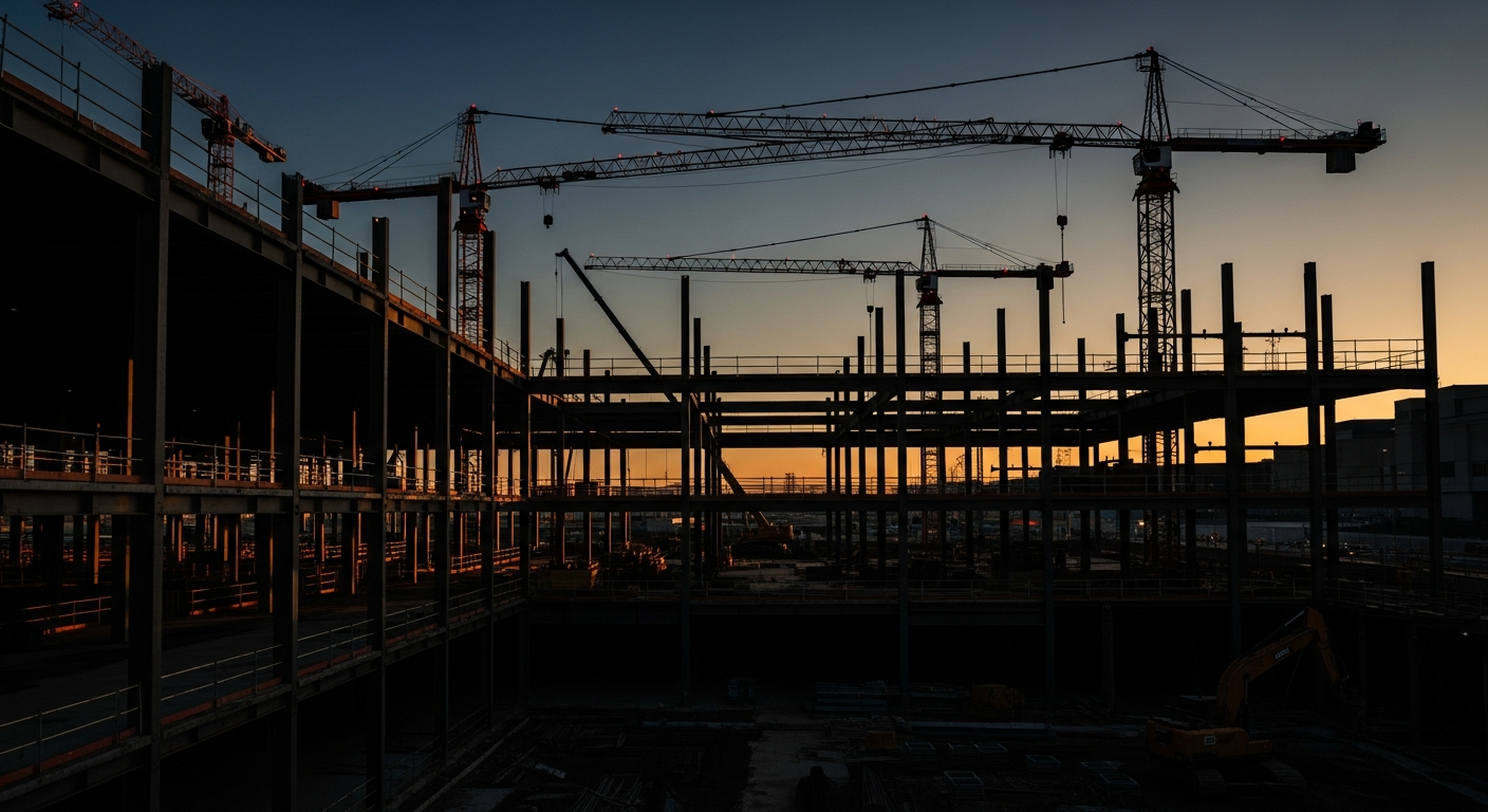 Commercial construction site at dusk